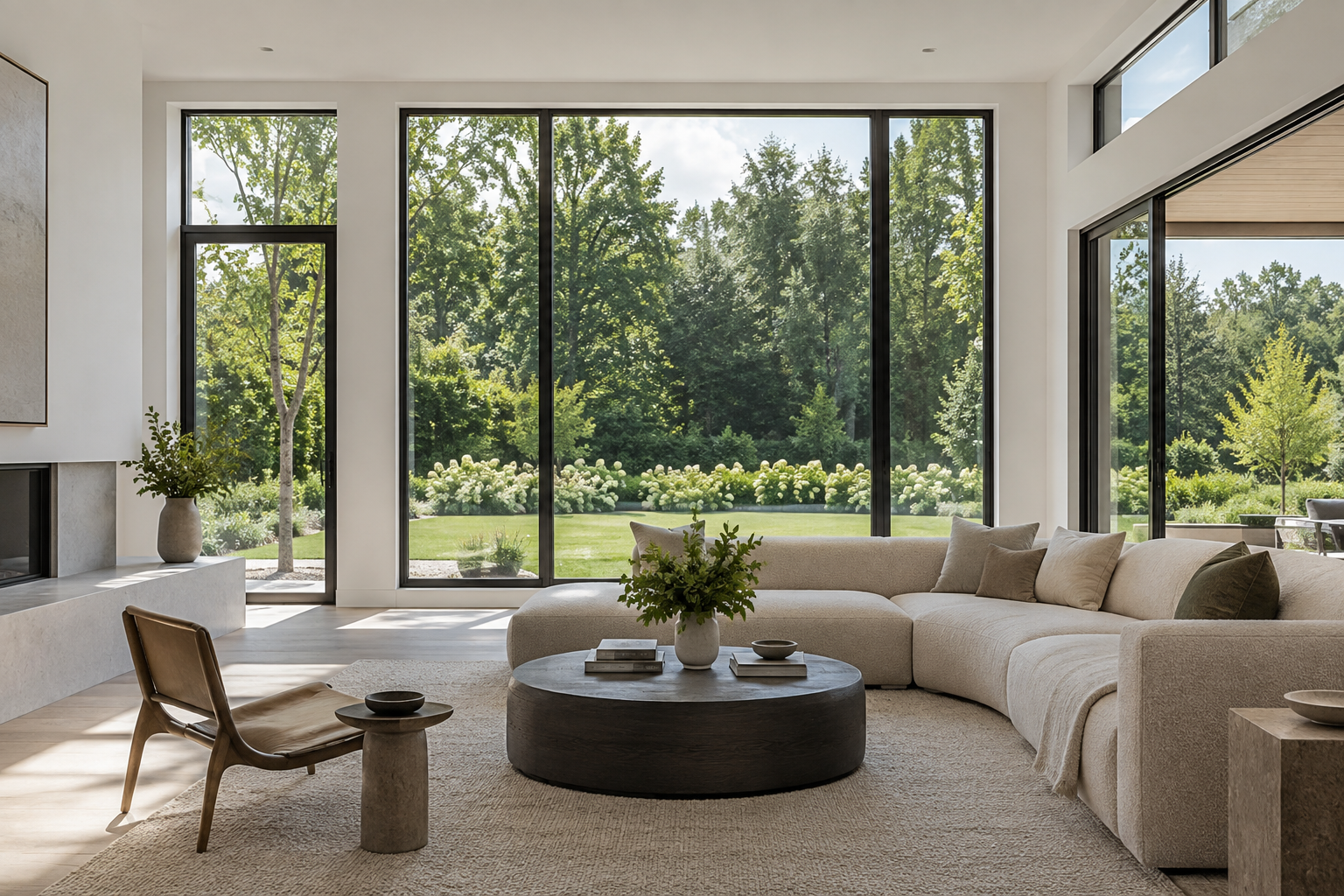 Slim black-framed windows in a contemporary living room